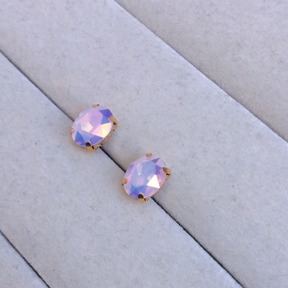 Iridescent Pink Opal + Gold Oval Crystal Earrings